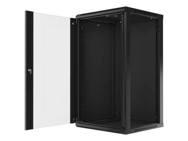 Lanberg WF01-6622-10B 19" 22U SZÉL:600mm MÉLY:600mm MAG:1085mm lapraszerelt üvegajtós fekete fali rack szekrény