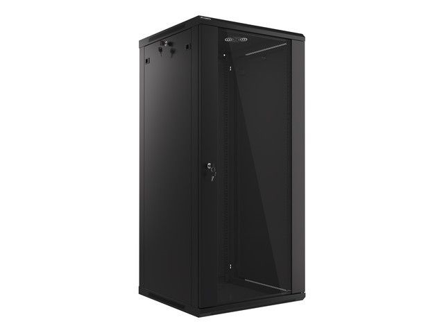 Lanberg WF01-6627-10B 19" 27U SZÉL:600mm MÉLY:600mm MAG:1307mm lapraszerelt üvegajtós fekete fali rack szekrény