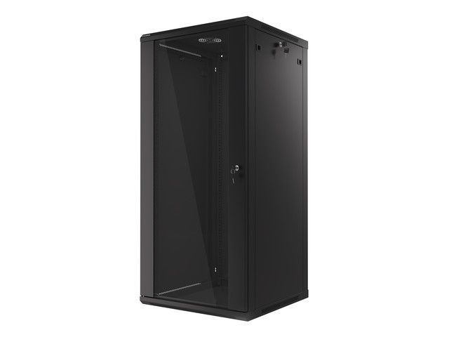 Lanberg WF01-6627-10B 19" 27U SZÉL:600mm MÉLY:600mm MAG:1307mm lapraszerelt üvegajtós fekete fali rack szekrény