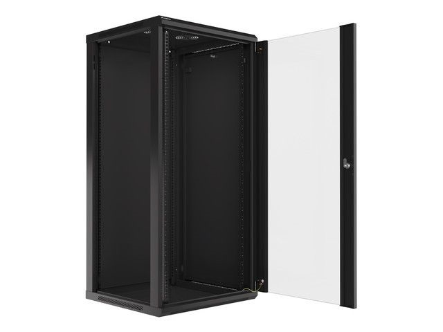 Lanberg WF01-6627-10B 19" 27U SZÉL:600mm MÉLY:600mm MAG:1307mm lapraszerelt üvegajtós fekete fali rack szekrény