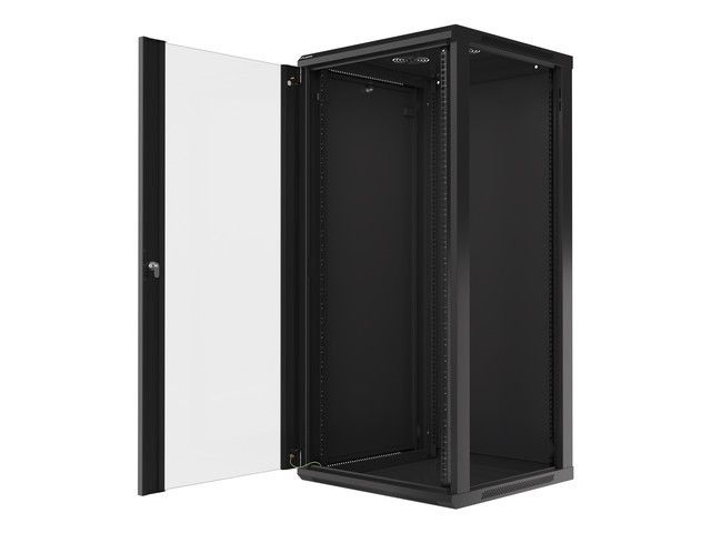 Lanberg WF01-6627-10B 19" 27U SZÉL:600mm MÉLY:600mm MAG:1307mm lapraszerelt üvegajtós fekete fali rack szekrény