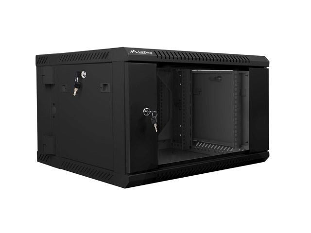 Lanberg WF02-6606-10B 19" 6U SZÉL:600mm MÉLY:600mm MAG:374mm lapraszerelt üvegajtós fekete kétrészes fali rack szekrény