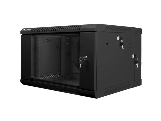 Lanberg WF02-6606-10B 19" 6U SZÉL:600mm MÉLY:600mm MAG:374mm lapraszerelt üvegajtós fekete kétrészes fali rack szekrény