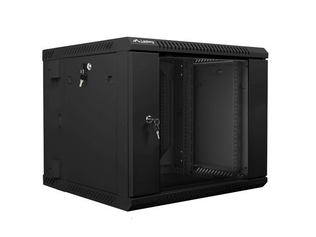 Lanberg WF02-6609-10B 19" 9U SZÉL:600mm MÉLY:600mm MAG:507mm lapraszerelt üvegajtós fekete kétrészes fali rack szekrény