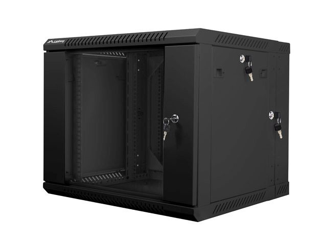 Lanberg WF02-6609-10B 19" 9U SZÉL:600mm MÉLY:600mm MAG:507mm lapraszerelt üvegajtós fekete kétrészes fali rack szekrény