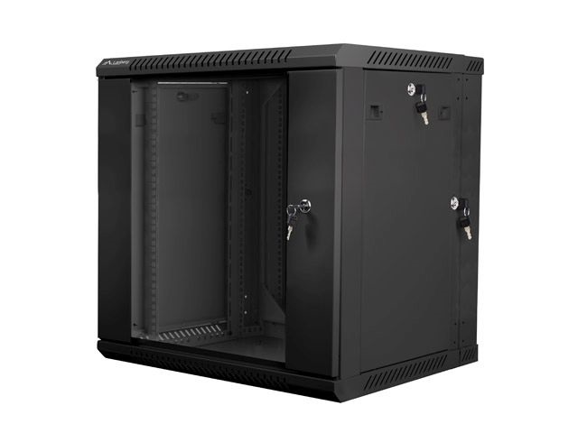 Lanberg WF02-6612-10B 19" 12U SZÉL:600mm MÉLY:600mm MAG:640mm lapraszerelt üvegajtós fekete kétrészes fali rack szekrény