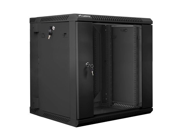 Lanberg WF02-6612-10B 19" 12U SZÉL:600mm MÉLY:600mm MAG:640mm lapraszerelt üvegajtós fekete kétrészes fali rack szekrény