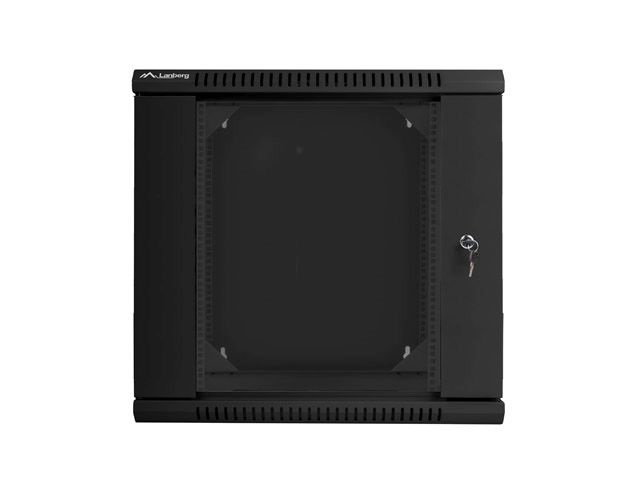Lanberg WF02-6612-10B 19" 12U SZÉL:600mm MÉLY:600mm MAG:640mm lapraszerelt üvegajtós fekete kétrészes fali rack szekrény