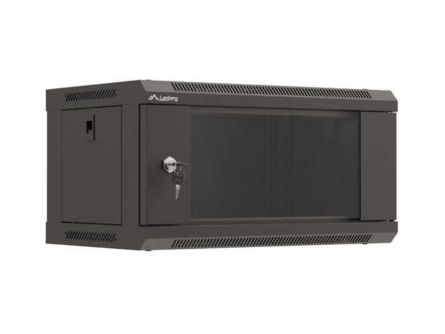 Lanberg WF03-5304-10B 19" 4U SZÉL:540mm MÉLY:350mm MAG:281mm lapraszerelt üvegajtós fekete fali rack szekrény