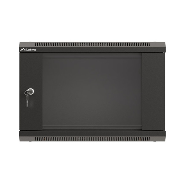 Lanberg WF03-5306-10B 19" 6U SZÉL:540mm MÉLY:350mm MAG:370mm lapraszerelt üvegajtós fekete fali rack szekrény