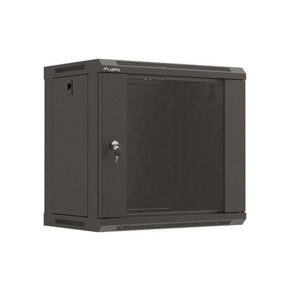 Lanberg WF03-5309-10B 19" 9U SZÉL:540mm MÉLY:350mm MAG:500mm lapraszerelt üvegajtós fekete fali rack szekrény