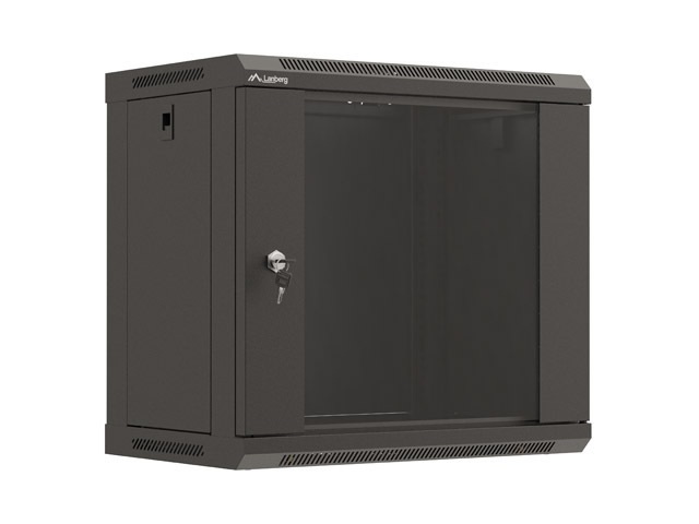 Lanberg WF03-5309-10B 19" 9U SZÉL:540mm MÉLY:350mm MAG:500mm lapraszerelt üvegajtós fekete fali rack szekrény