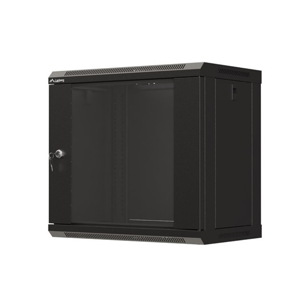 Lanberg WF03-5309-10B 19" 9U SZÉL:540mm MÉLY:350mm MAG:500mm lapraszerelt üvegajtós fekete fali rack szekrény