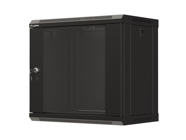 Lanberg WF03-5309-10B 19" 9U SZÉL:540mm MÉLY:350mm MAG:500mm lapraszerelt üvegajtós fekete fali rack szekrény