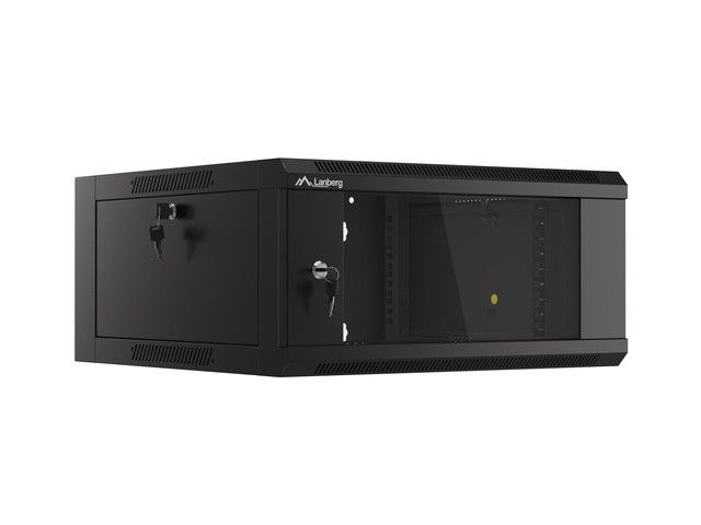 Lanberg WFFA-5604-10B 19" 4U SZÉL:570mm MÉLY:600mm MAG:277mm lapraszerelt üvegajtós fekete fali rack szekrény