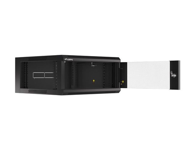 Lanberg WFFA-5604-10B 19" 4U SZÉL:570mm MÉLY:600mm MAG:277mm lapraszerelt üvegajtós fekete fali rack szekrény