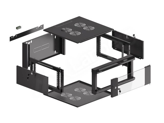 Lanberg WFFA-5604-10B 19" 4U SZÉL:570mm MÉLY:600mm MAG:277mm lapraszerelt üvegajtós fekete fali rack szekrény