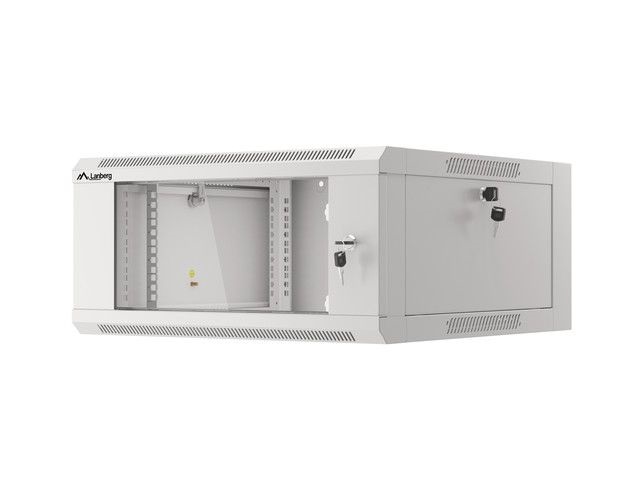 Lanberg WFFA-5604-10S 19" 4U SZÉL:570mm MÉLY:600mm MAG:277mm lapraszerelt üvegajtós szürke fali rack szekrény