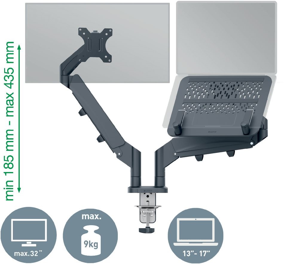 Leitz Ergo Dual sötétszürke helytakarékos monitor- és laptopkar