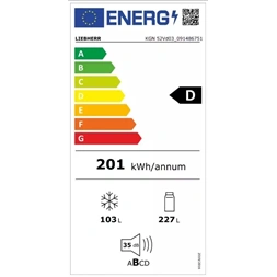 Liebherr KGN 52Vd03 fehér, alulfagyasztós, Hűtő:227L, Fagyasztó:103L, hűtőszekrény