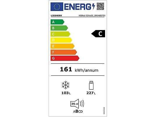 Liebherr KGNsd 52Vc03 ezüst, alulfagyasztós, Hűtő:227L, Fagyasztó:103L, hűtőszekrény