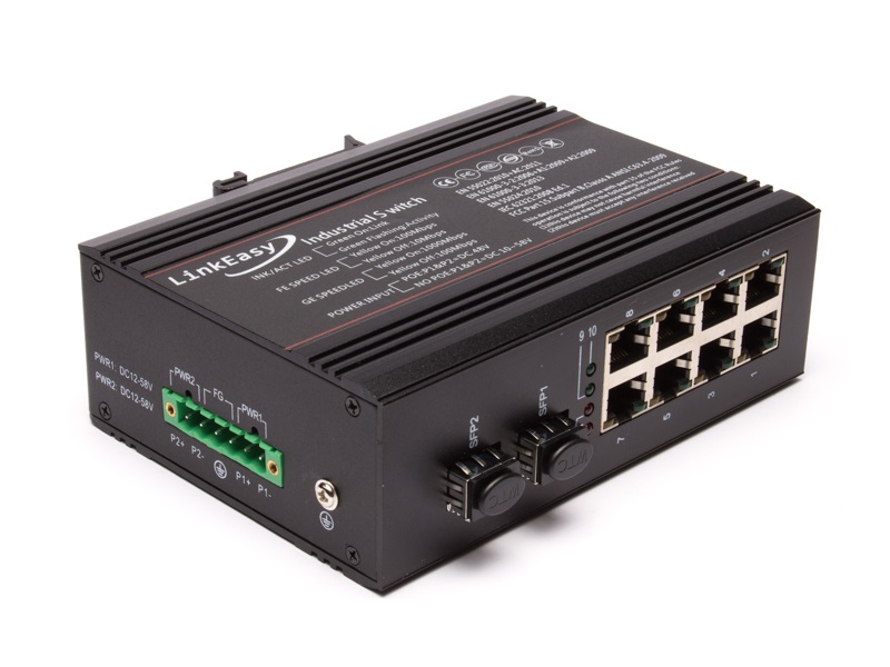 LinkEasy ipari PoE switch 2xGbE SFP+8x10/100/1000BaseTX 802.3at