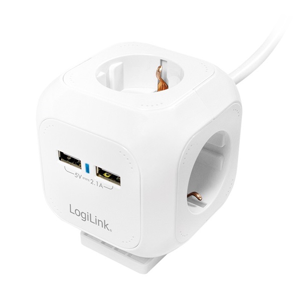 Logilink LPS227 Power kocka 4-es, 4x CEE 7/3 + 2x USB-A, 1,4 m, fehér