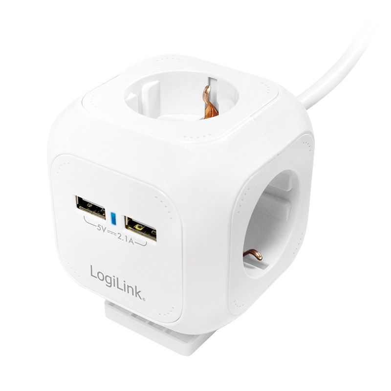 Logilink LPS227 Power kocka 4-es, 4x CEE 7/3 + 2x USB-A, 1,4 m, fehér