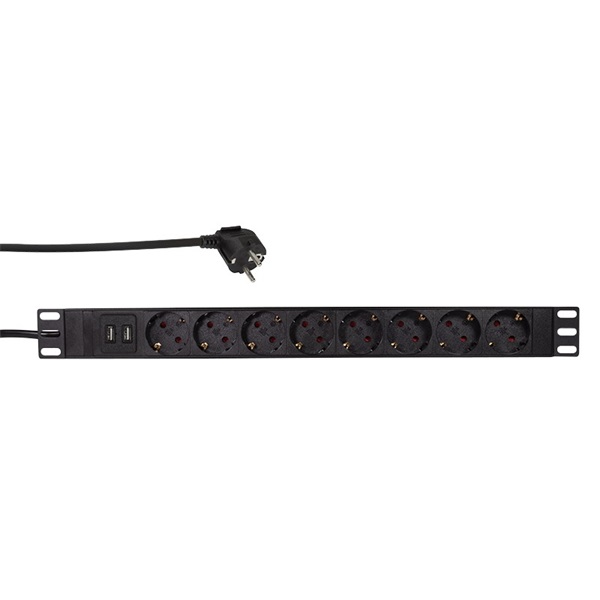 Logilink PDU8C02 19" PDU 8-as CEE 7/3 + 2x USB-A, túlterhelés elleni védelemmel