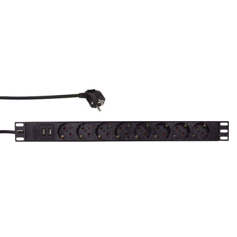 Logilink PDU8C02 19" PDU 8-as CEE 7/3 + 2x USB-A, túlterhelés elleni védelemmel