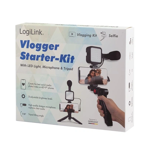 Logilink AA0157 Vlogger Kit LED fénnyel, mikrofonnal + állvánnyal, 4,7-7"-os okostelefonokhoz