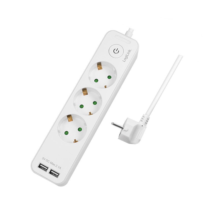Logilink LPS248U Aljzat 3-as + kapcsoló, 3x CEE 7/3 + 2x USB-A, 1,5 m, fehér