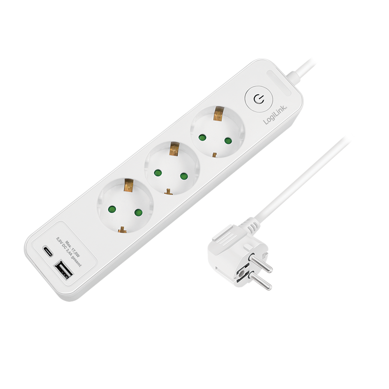 Logilink LPS279U Aljzat 3 utas + kapcsoló, 3x CEE 7/3, 1x USB-A, 1x USB-C, 1,5 m, fehér