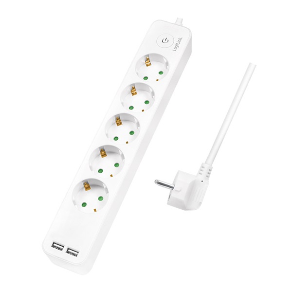 Logilink LPS249U Aljzat 5-ös + kapcsoló, 5x CEE 7/3 + 2x USB-A, 1,5 m, fehér