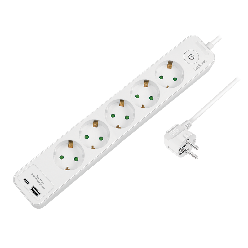 Logilink LPS280U Aljzat 5-utas + kapcsoló, 5x CEE 7/3, 1x USB-A, 1x USB-C, 1,5 m, fehér