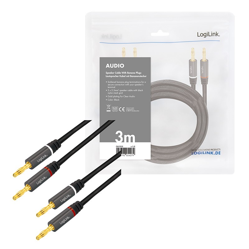 Logilink CA1210 3m 2x2 banán csatlakozó fém audió kábel