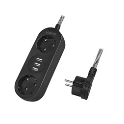 Logilink LPS262U Elosztó 2-es, 2x CEE 7/3 + 3x USB-A, textil kábel, fekete