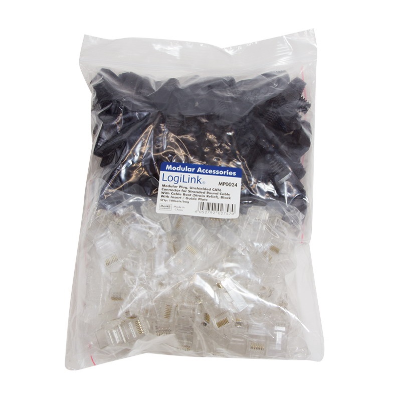 Logilink MP0024 RJ45 moduláris csatlakozó, Cat.6, árnyékolatlan, fekete tartó, 100 db