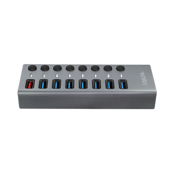 Logilink UA0387 USB 3.2 Gen 1 Hub, 7+1 port, kapcsolóval minden porthoz, alumínium, szürke