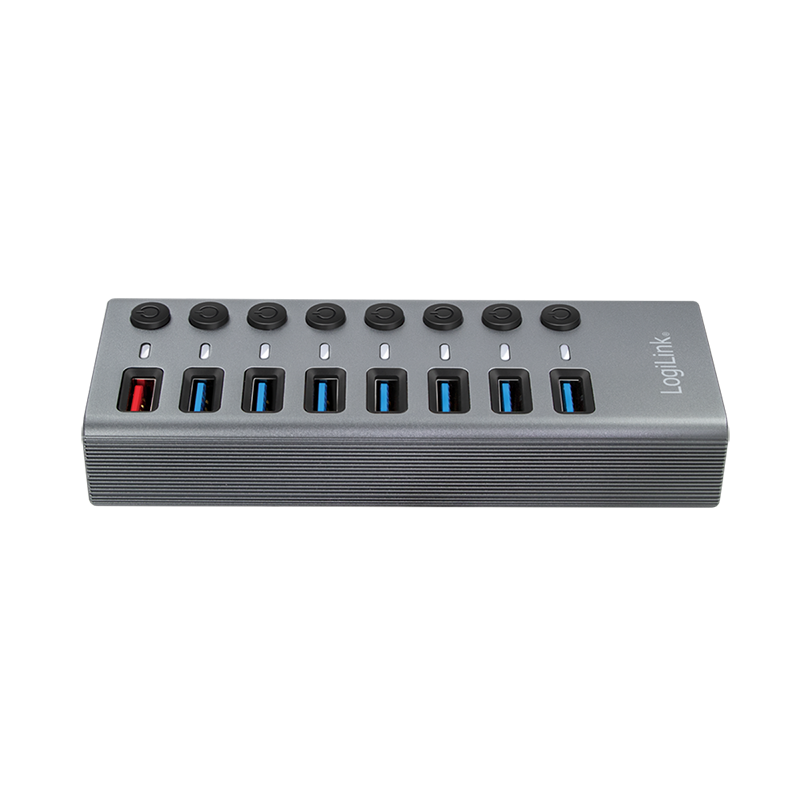 Logilink UA0387 USB 3.2 Gen 1 Hub, 7+1 port, kapcsolóval minden porthoz, alumínium, szürke