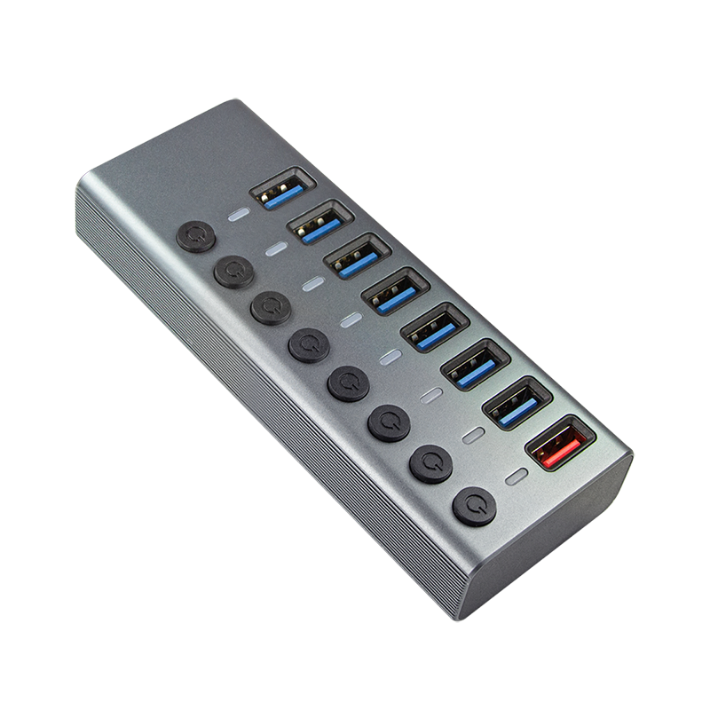 Logilink UA0387 USB 3.2 Gen 1 Hub, 7+1 port, kapcsolóval minden porthoz, alumínium, szürke