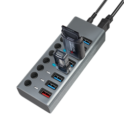 Logilink UA0387 USB 3.2 Gen 1 Hub, 7+1 port, kapcsolóval minden porthoz, alumínium, szürke
