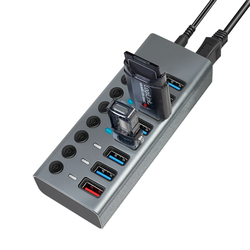 Logilink UA0387 USB 3.2 Gen 1 Hub, 7+1 port, kapcsolóval minden porthoz, alumínium, szürke