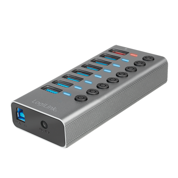 Logilink UA0387 USB 3.2 Gen 1 Hub, 7+1 port, kapcsolóval minden porthoz, alumínium, szürke