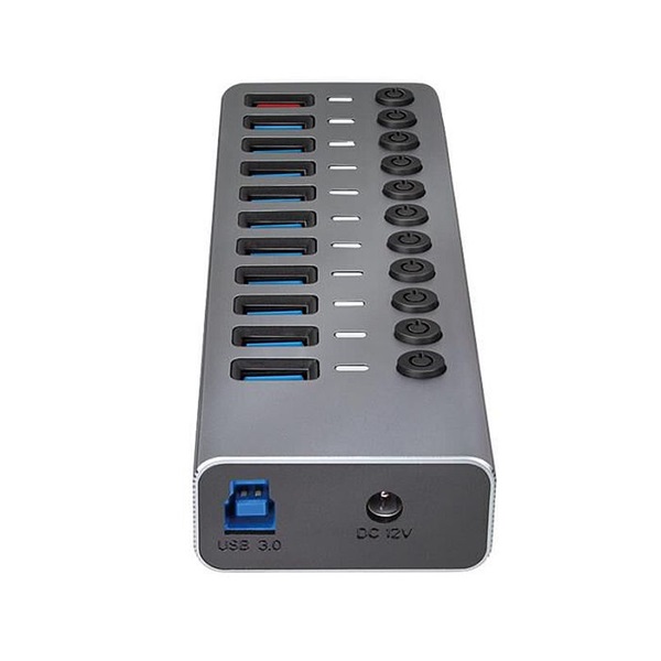 Logilink UA0388 USB 3.2 Gen 1 Hub, 10+1 port, kapcsolóval minden porthoz, alumínium, szürke