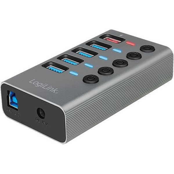 Logilink UA0386 USB 3.2 Gen 1 hub, 4+1 port, kapcsolóval minden porthoz, alumínium, szürke