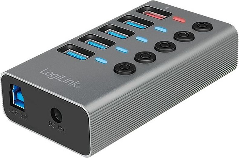 Logilink UA0386 USB 3.2 Gen 1 hub, 4+1 port, kapcsolóval minden porthoz, alumínium, szürke