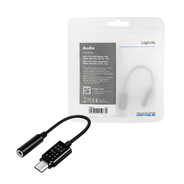 Logilink UA0364 USB 3.2 audioadapter EQ-val, USB-C/M 3,5 mm/F-ig, fekete, 0,14 m
