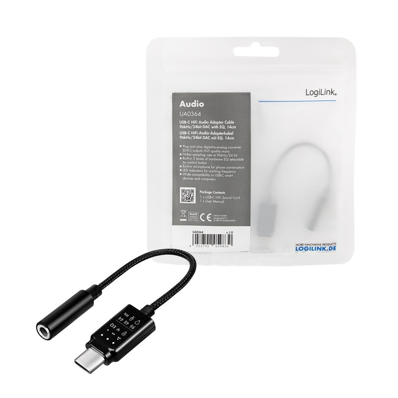 Logilink UA0364 USB 3.2 audioadapter EQ-val, USB-C/M 3,5 mm/F-ig, fekete, 0,14 m