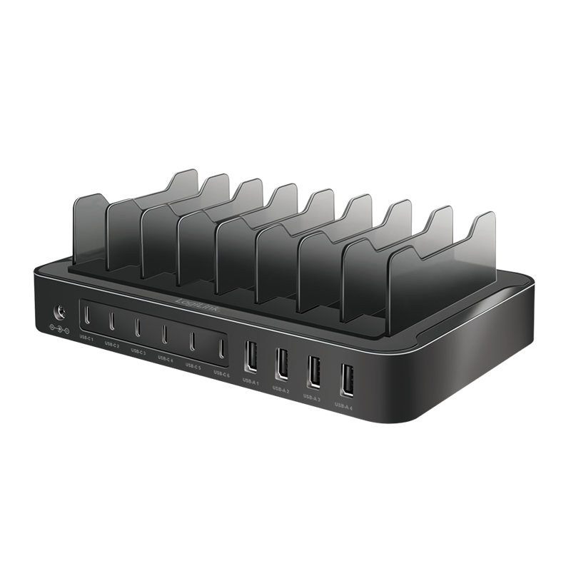 Logilink PA0327 USB-C töltőállomás, 4x USB-A és 6x USB-C, PD és QC 3.0, 120 W, fekete